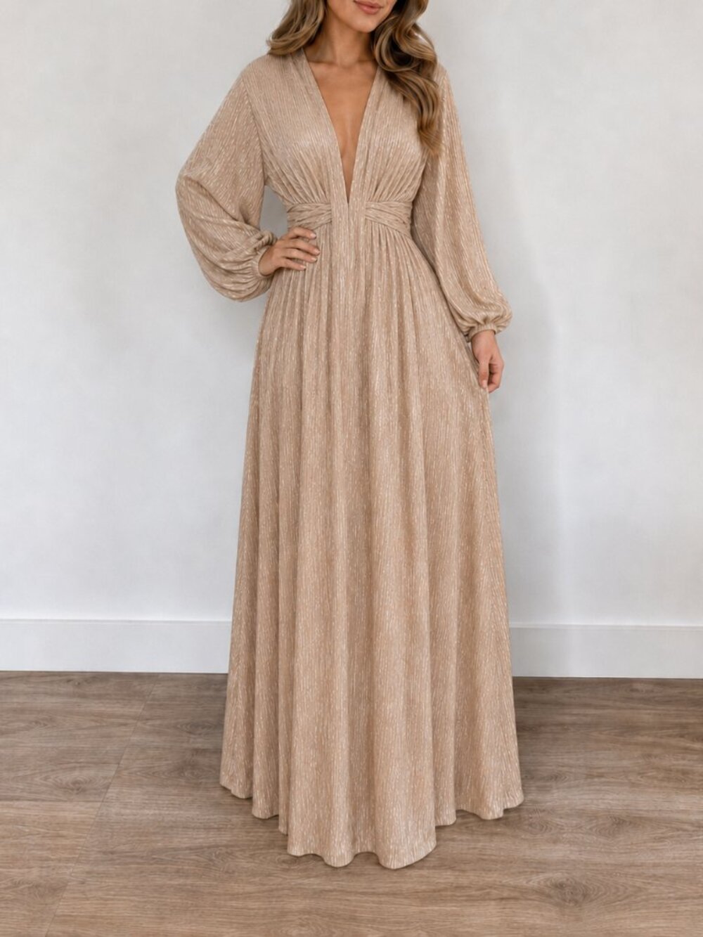 Crescent Gold Pleated Midi Dress Tie Waist Deep V Neck